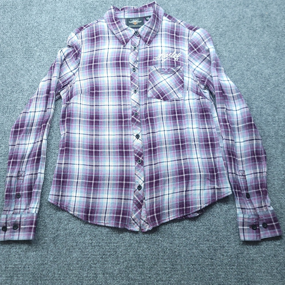 Harley-Davidson Womens Purple Plaid Viscose Button Up Shirt Logo Back Size M